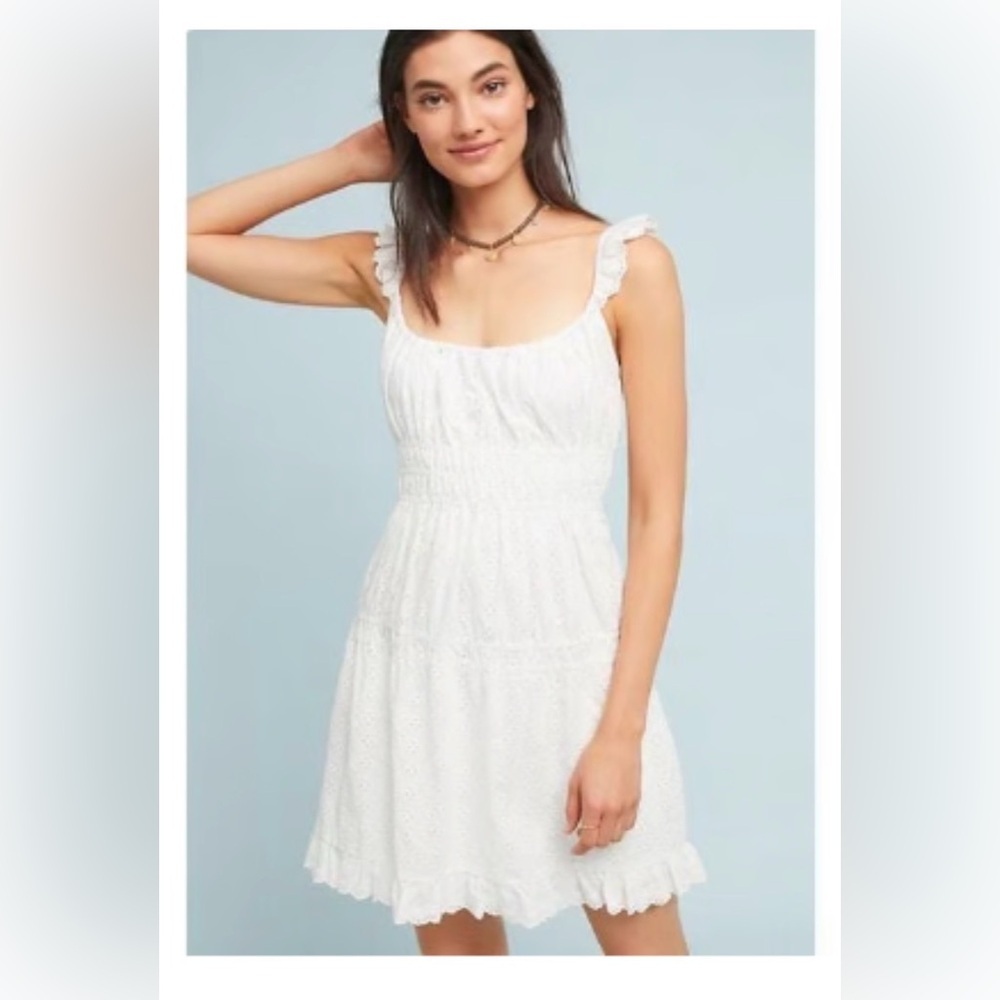 Capulet Anthropologie White Smocked Eyelet Mini Dress XS Gemma Eloise
